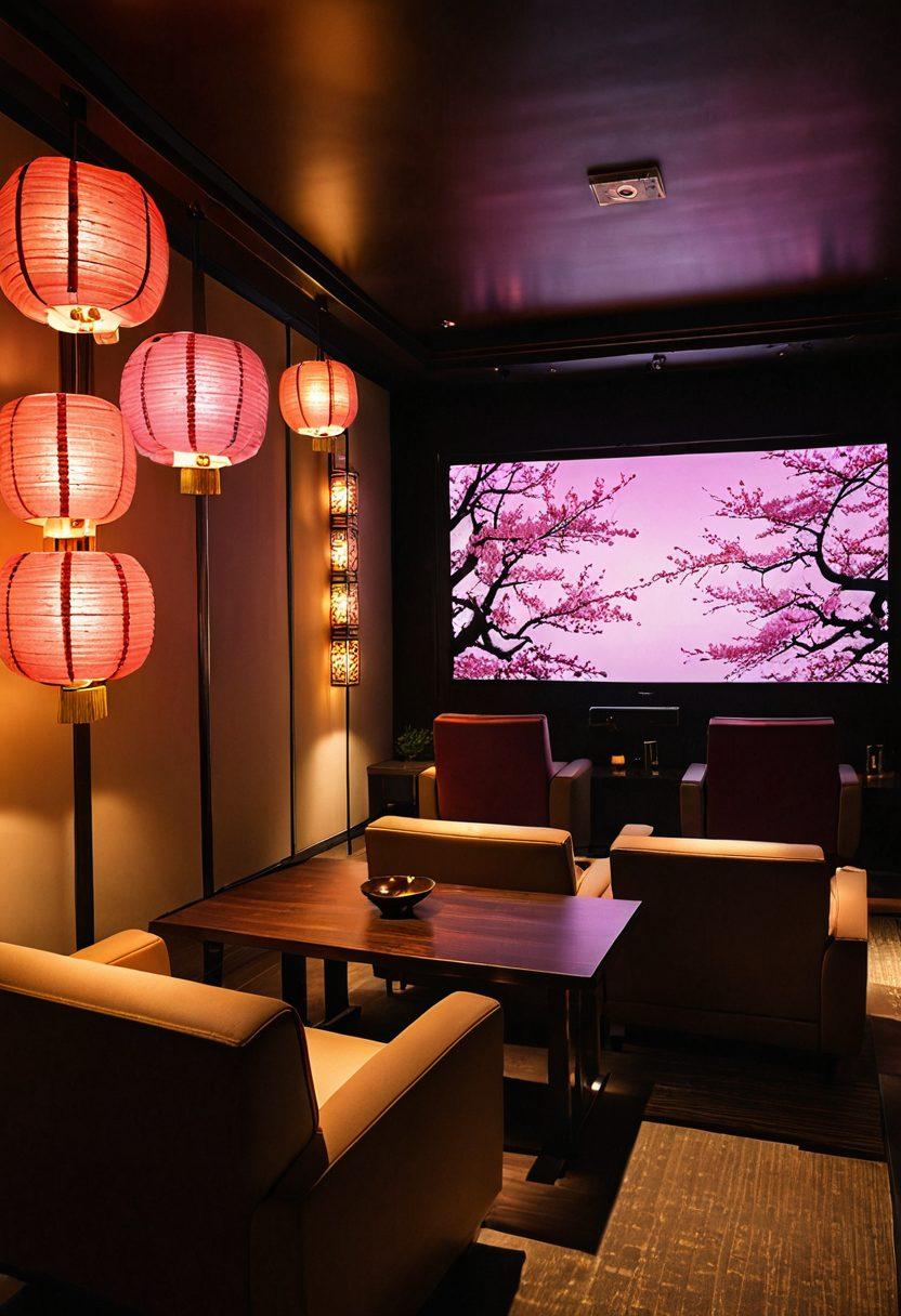 A captivating scene featuring a stylish Japanese cinema with plush seating, vibrant neon lights, and a large screen displaying dynamic clips from artistic JAV films. Elegant decor with Japanese elements like sakura blossoms and shoji screens, inviting an ambiance of intimacy and sophistication. A cozy atmosphere with soft lighting, enticing viewers to immerse themselves in the experience. super-realistic. vibrant colors. cinematic style.