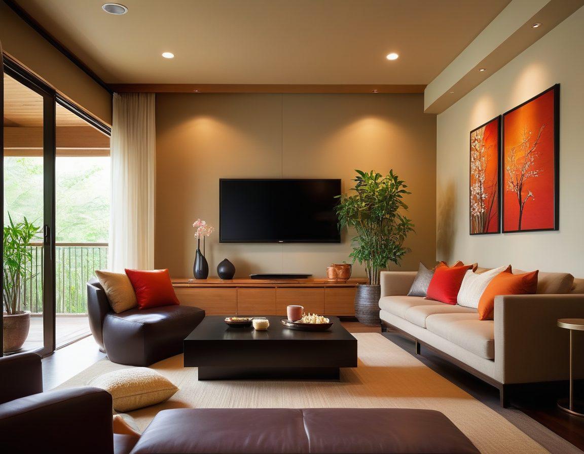A stylish, modern living room with a large flat screen TV displaying vibrant scenes from high-definition Japanese adult films. Include plush seating, subtle ambient lighting, and a bowl of popcorn on a sleek coffee table. Add elements of Japanese culture, like bamboo plants or artwork, to enhance the atmosphere. super-realistic. vibrant colors. cozy ambiance.